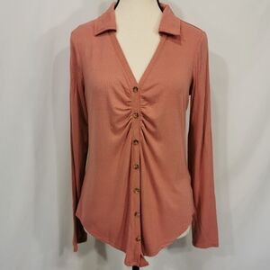 Steve Madden Collared V-Neck Ruched Button Front Top - Sz M Open To Offers